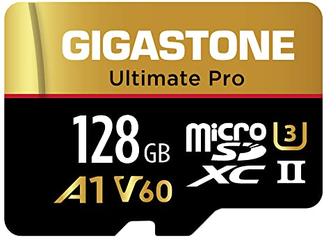 【5-års gratis dataåterställning】 GIGASTONE 128 GB Micro SD-kort, Ultimate Pro, MicroSDXC-minneskort för kamera, R/W upp till 280/100 MB/s, UHS-II U3 A1 V60 C10, med adapter