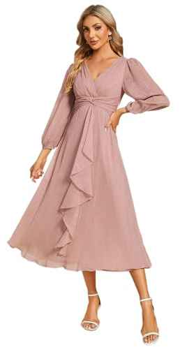 Ever-Pretty Vestido de Noche Largo para Mujer Cuello en V Mangas de Linterna Cintura Imperio Volantes Vestido de Invitados de Boda Rosa Polvorienta 42