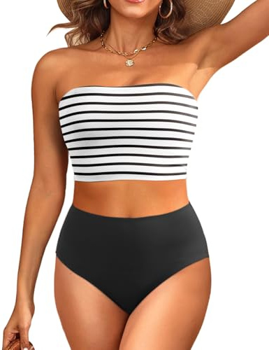Tempt Me Women Striped and Black Bandeau Bikini Set Strapless High Waisted Two Piece Swimsuit Longline Bathing Suits M