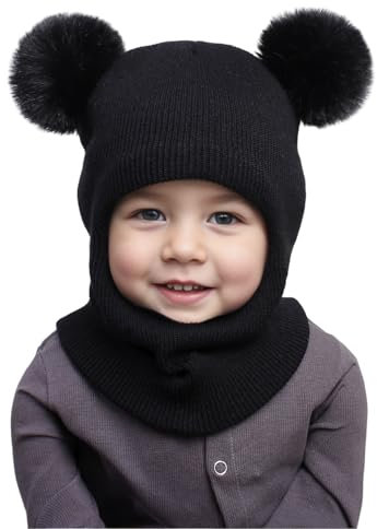 ZLLkeji Baby Wintermütze Kinder Schlupfmütze Bär Kindermützen mit Bommel Winddicht Kälteschutz Strickmütze Warm Beanie Kleinkinder für 6 Monate-8 Jahre Alt Baby Schwarz