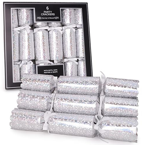 Toyland® 6 Deluxe Silver Holographic Christmas Party Favour - Återvinningsbar förpackning – Hattar, mottos, Snaps & Nyhetspresent ingår - Bordsdekorationer