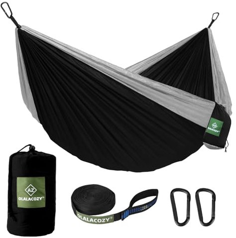 OLALACOZY Camping Hammock,Camping Essentials,Lightweight Portable Double & Single Hammock with Tree Straps, Camping Gear for Outside Hiking Camping Beach Backpack Travel, Black & Grey, Large