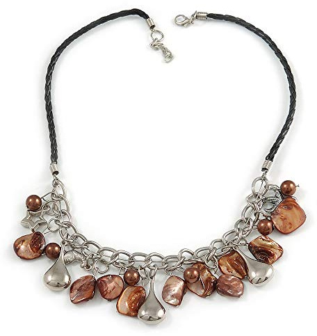 Avalaya snäckklimp och metallberlock med konstläder halsband (brun, silver) – 50 cm l/3 cm ext