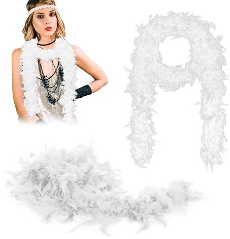 KarneLux Fjäderboa – Kostymtillbehör för 20-talsstil, Charleston-look eller burlesque – perfekt för karneval, halloween eller temafester (vit)