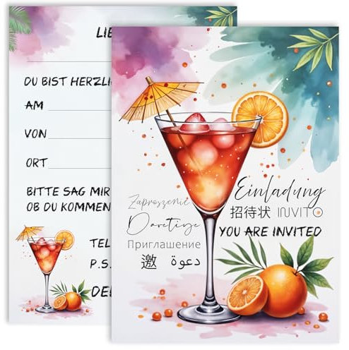 E&G Klasse 10er Set Einladungskarten A6 Weiß Bunt Einladung Poolparty Pool Party Cocktail Erwachsene verschiedene Sprachen Baden Party Männer Frauen Teenager Geburtstag Geburtstagsparty Poolparty