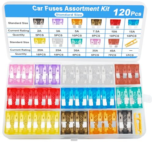 120 Stück Kfz Sicherungen,Kfz Sicherungskasten,Autosicherungen Set, Gemischt 2A 3A 5A 7.5A 10A 15A 20A 25A 30A 35A 40A Sicherungen Kfz,Flachsicherungen mit Sicherungszieher für PKW Wohnmobil
