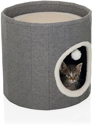 hjh LIVING Grotta per gatti con palla da gioco, 38 x 38 cm, PAWY R, pieghevole, con tavola tiragraffi e cuscino Teddy, colore: grigio