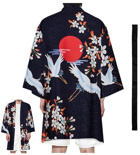 CHUIKUAJ Kimono Long pour Homme et Femme, Léger, Imprimé, Grande Taille, Veste Décontractée, Peignoir avec Ceinture,Black-7XL