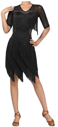 Oyolan - Vestito da donna con frange e bretelle anni 1920, per serate, cocktail, balli, carnevale, danza latina, salsa, rumba, cha cha, samba, Nero , XL