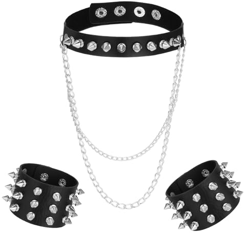 Falzqq 3 pezzi collare in pelle con picchi, bracciali con borchie e borchie per uomini e donne