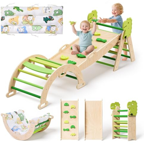 Montessori 9-in-1 Foldable Indoor Climbing Frame for Toddlers 1-3,Wooden Climber Set with Soft Safety Cushion, Arch, Ramp, Ladder & Slide,50kg Capacity
