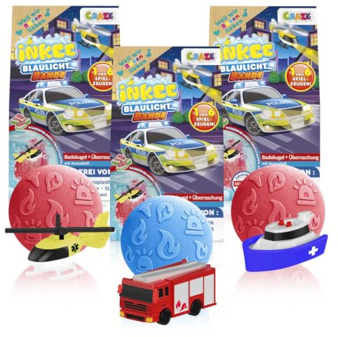 INKEE Pack de 3 Bombes de bain surprise Rescue Crew – 3x Boules de bain enfant avec surprise à l'intérieur, mini véhicule de secours à collectionner, bain moussant enfant