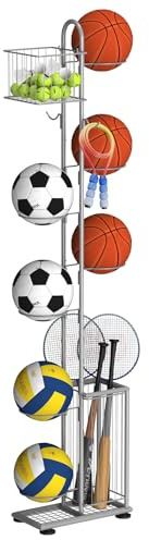 KANEODOT Basketball Rack,7-Tier Freestanding Basketball Holder with Storage Baskets & Hooks,Mulit-Tier Garage Sport Equipment Organizer for Volleyball,Football,Basketball,Golf,Indoor & Outdoor