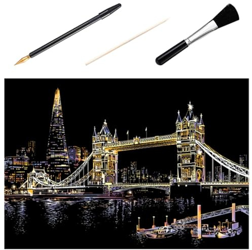 ULTECHNOVO Kit de Pintura Rascada para 4 Piezas Papeles para Dibujar a Lápiz, Imagen de Ciudad Nocturna Londres Torre y Herramientas (bamboo, Bolígrafo Dorado, Pincel Negro) para