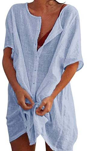Camisas Mujer Largos Vestido Playa Verano Camisa Suelta de Bikini Cover Up Traje de Playa para Mujer Vestido Casual Blusa Camisolas Playeras Suelto Pareos Color Sólido S-5XL