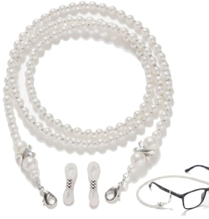 Chaine Lunettes Femme en Perles Blanches, Cordon Lunettes Élégant et Chic, Collier pour Lunettes de Soleil et de Vue, Accessoire de Mode pour Femme, 1 Pièce