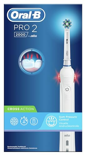 Oral-B Pro 2 2000 Brosse à dents électrique rechargeable, 1 manche blanc avec chargeur, 1 tête CrossAction