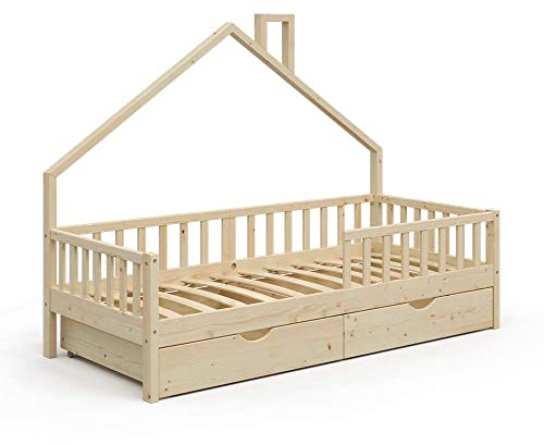 VitaliSpa Hausbett Noemi, Bett aus Holz, Naturholz, 90x200 cm mit 2 Schubladen