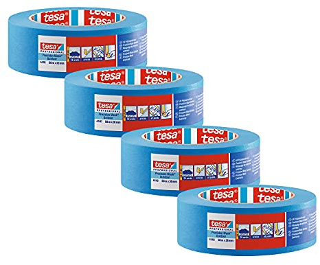 tesa Crêpe de précision 4440 Extérieur Ruban de peintre UV-PLUS - Pack de 4 - Crêpe de peintre résistant aux intempéries pour l'extérieur - pour masquer et couvrir avec précision - bleu - 50 m x 38 mm