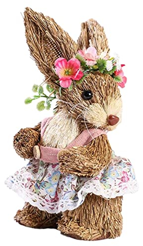 Baoblaze Decoración de conejo de paja de Pascua hecha a mano de paja lindo conejo ornamento conejo para mesa de Pascua decoración de fiesta del hogar - D