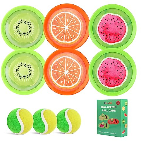PULEEBO Toss and Catch Ball Game Set - Fruit Design Catch Game for Kids Adults Beach Yard Lawn Outdoor Indoor 6 Sticky Paddles 3 Balls and 1 Storage Bag