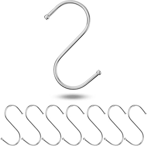 S-Haken zum Einhängen, 8 Stück, in Silber, Metallhaken für bis Ø 32 mm Stangen, Länge 85 mm, S Haken für Küche, Kleiderstange, Garage, Topf, Pfanne, Tasse, Hängehaken, Küchenhaken, Doppelhaken Set