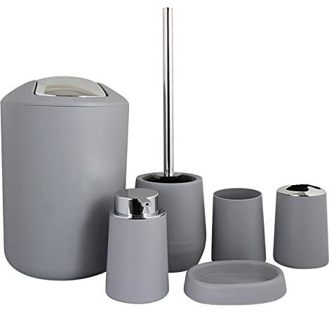 PITRAK 6-teiliges Badezimmer-Zubehör-Set aus Kunststoff, Lotionsflaschen, Zahnbürstenhalter, Zahnbecher, Seifenschale, Toilettenbürste, Mülleimer-Set (Grau)