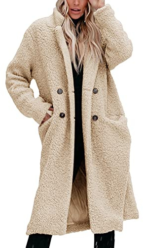 ORANDESIGNE Veste en Peluche Long Femme Chaude Manteau Veste Teddy Blouson Polaire Laine Hiver Cardigan Mode Épais Coupe Vent Trench Coat à Revers Couleur Unie Double Boutonnage A Beige L