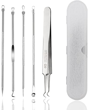5 Stk. Pickel Ausdrücken Werkzeug Komedonenquetscher Pickel AusdrüCken Akne Mitesser Entferner Extraktor Tools Edelstahl Pinzette Spitz