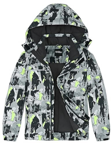 Vrilibo Chaqueta de esquí impermeable para niños, cálida, gruesa, con forro polar, chaqueta de snowboard con capucha para niños, verde (camo green), 6-7