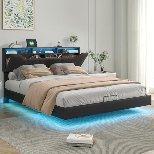 MIOOSUT Bagagebädd 160 x 200 med sängbord, säng 160 x 200 med LED och USB dubbel bagageutrymme med vadderat sänggavel med ribbotten, LED-vadderad säng, 2 personer (PU svart, 160 x 200 cm)