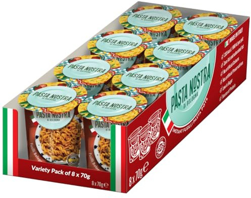 Pasta Nostra 8x70g | Instant Pasta Pots, Fusilli Pasta | Carbonara-02 | Bolognese-02 | Cheese & Pepper-02 | Arrabbiata-01 | Tomato & Mozzarella-01 | Just add water meals pasta meal