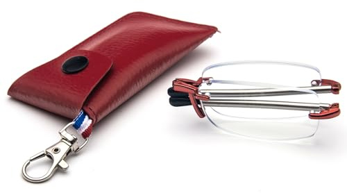 KoKoBin Occhiali da lettura pieghevoli senza montatura con asta telescopica e portachiavi in pelle, lettore portatile anti luce blu per uomini e donne (Rosso, 2.5, Diottria)