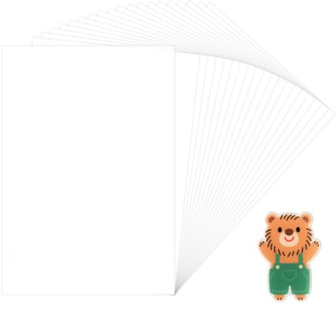 Films Rétractables Transparents A4, Lot de 20 Feuilles 0,3 mm, Surface mate pour dessin, idéal pour loisirs créatifs, bijoux et déco. Résiste à la chaleur 20 x 29 cm