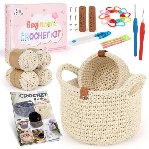 Aeelike virkset för nybörjare, runda korgar, virkade set med virkinstruktioner, beige