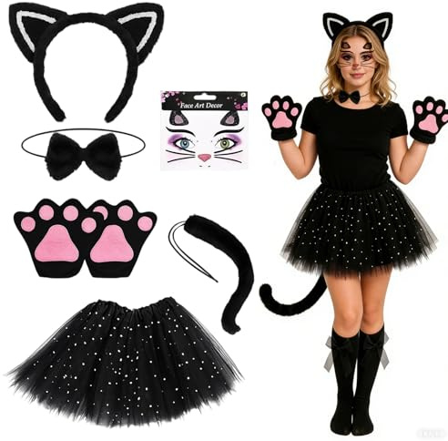 SGFNXB Cat Costumes, Cat Costume, 7 Pcs Black Cosplay Costume Includes Ear Headband, Paw Gloves and Skirt, Tutu Skirt for Halloween, Carnival, Birthday Parties For Use by Those Aged 15 and Above