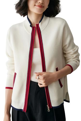 WEWE Gilet Cachemire Femme Col Montant Uni Gilet Tricoté Ajust Manches Longues épais Cardigan en Cachemire et Laine,Ecru,EU 38,MY2591