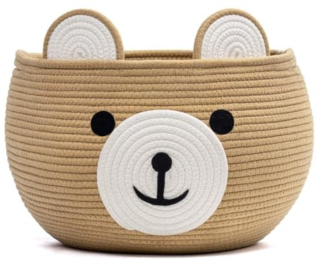 Cesto portaoggetti per bambini a forma di orso in corda di cotone, cesto porta giochi rotondo con maniglie nascoste, contenitore morbido per cameretta, sala giochi e soggiorno