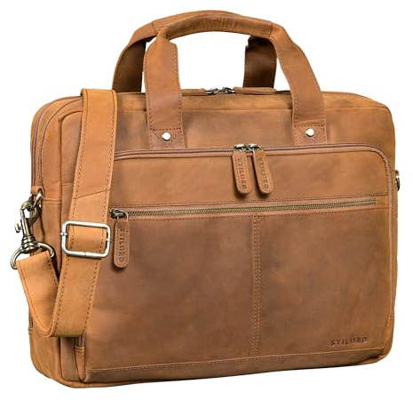 STILORD Ronan Serviette Cuir Homme Grande Sacoche Ordinateur 16 Pouces Travail Besace Business - Cartable Enseignant A4 Porte Document avec Bandoulière Amovible Couleur:tan - marron - scuro