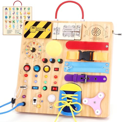 23-i-1 Montessori Busy Board för småbarn från 1 år träleksaker med 15 brytare, 26 LED-lampor, musikbox, dragkedja och lås sensoriska leksaker för barn från 1–3 år pojkar och flickor