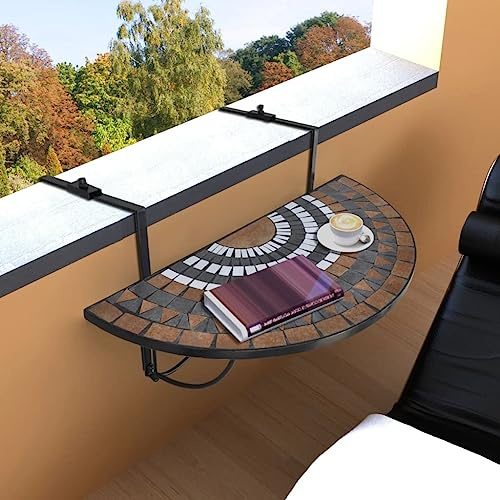 Keeushr Tavolo sospeso da balcone, mosaico terracotta e bianco, semicircolare, in ceramica, con supporto in ferro, per ringhiere fino a 18 cm di spessore, pieghevole, salvaspazio