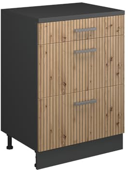 Vicco Påbyggnadskommod Rion, Hantverks ek/antracit, 60 x 46 cm utan lutning med 3 lådor, kan kombineras med Rion-garderober för snedtak och skåpsmoduler