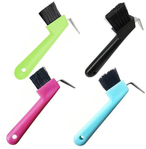Lot de 4 grattoirs à chevaux 2 en 1, tête de cheval avec brosse, accessoire de toilettage pour chevaux avec poignée antidérapante, outils de toilettage pour le toilettage des chevaux, brosse