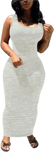 Enfärgad ärmlös lång klänning, elegant och slimmad, smal passform, mångsidig för alla tillfällen, Grey, L