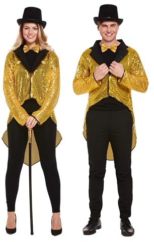 HENBRANDT Gold Sequin Tail Coat Adult Fancy Dress Costume - Unisex One Size Showstopper Theatrical Performance Outfit Perfect for Parties Halloween Carnival Stage Glamour