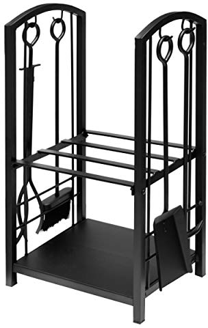 raik Holzregal mit Kaminbesteck Wilhelm 4-teilig aus Stahl schwarz mit Schaufel Besen Schürhaken und Kaminzange 74x40x30 cm