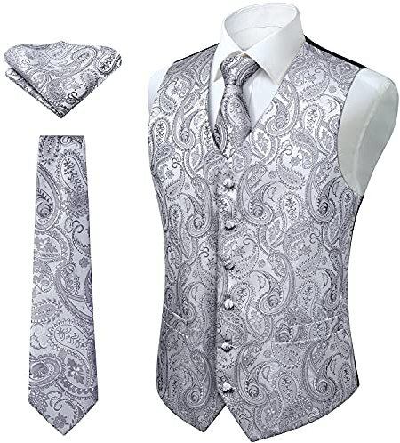 Enlision Väst för män, paisley, blommig, jacquard, slips, ficka, fyrkantig näsduk, bröllopsfest, passar affärer, väst, tweedkostym, set med västar, Grått, 5XL
