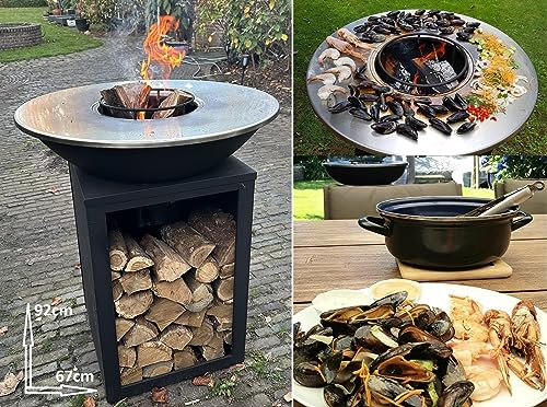 RJRoyal Living Plancha Grill Amigo Edelstahl Grillplatte BBQ Feuerschale Edelstahl mit Feuerplatte Outdoor Küche Grill Plancha Platte 67Øx 92cm Grillring