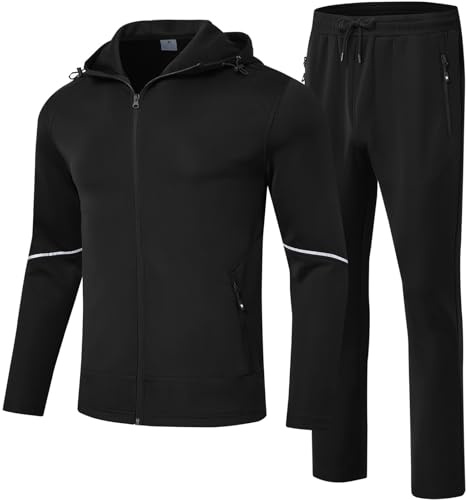 Rdruko Men's Track Sweat Suits 2 Piece Set Sweatsuits Tracksuits Jogging Workout Gym Athletic Suits with Hood(Black, US L)