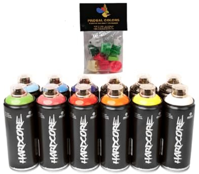 PROGAL COLORS Pack de latas de spray Hardcore 12x 400ml acabado brillante + 10 boquillas de recambio